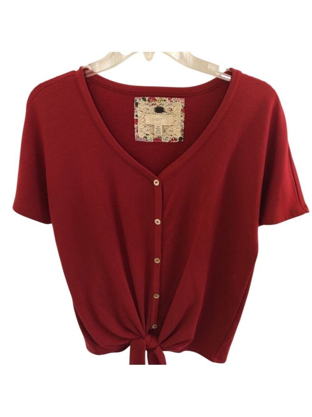 Size S Cupio Red Button-Front Tie Hem V-Neck Top Rust Earthy Soft Stretchy